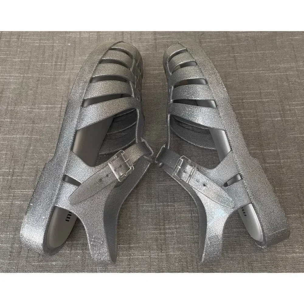 New Melissa Possession Girls Size 5 Silver Glitter Jelly Sandals